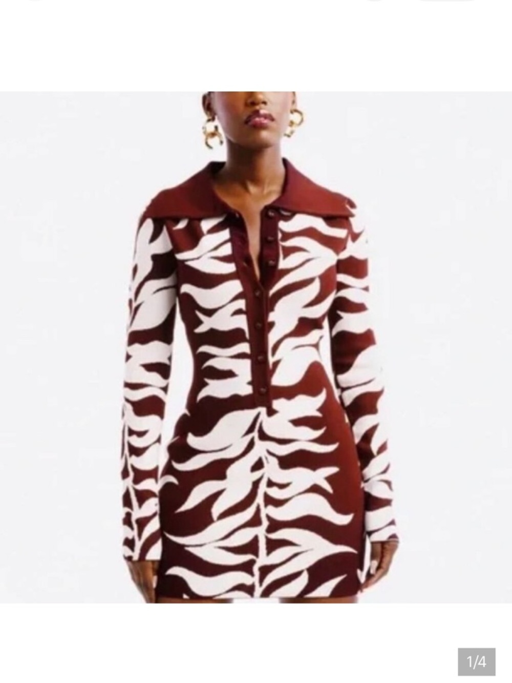 Hanifa Burgundy and White Long-Sleeve Knit Mini Dress